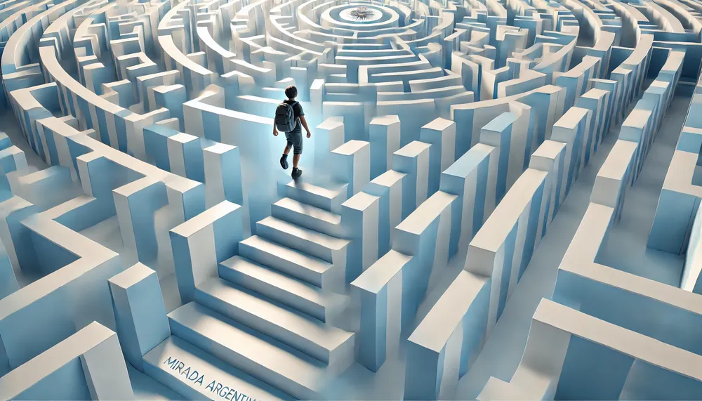 DALL·E 2024-09-25 14.09.26 - A single horizontal scene in a low-angle shot (contrapicado) showing a young person walking through an abstract maze in light blue and white tones, in