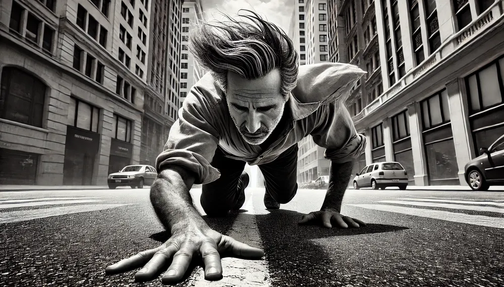 DALL·E 2024-10-28 21.37.58 - A black and white, ultra-realistic, high-quality photograph of an Argentine man in his fifties leaning slightly forward in the middle of a wide city a