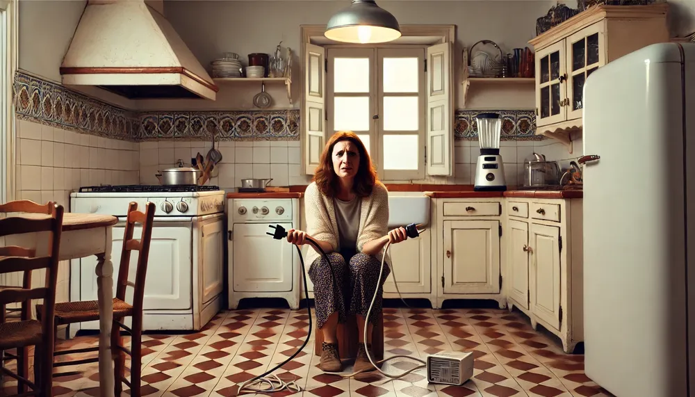 DALL·E 2024-10-16 22.02.39 - A woman standing in the middle of a typical Argentine kitchen, which is modest and homey, with traditional tiles, a gas stove, and simple wooden cabin