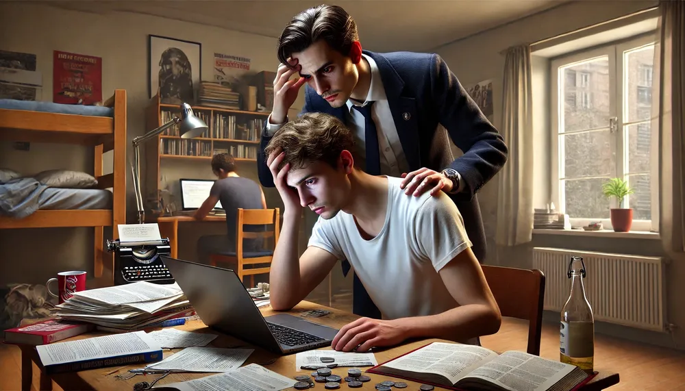 DALL·E 2024-10-03 20.19.08 - A hyper-realistic scene of a university student sitting at a desk in his small apartment or dorm room. The student looks stressed and confused, wearin