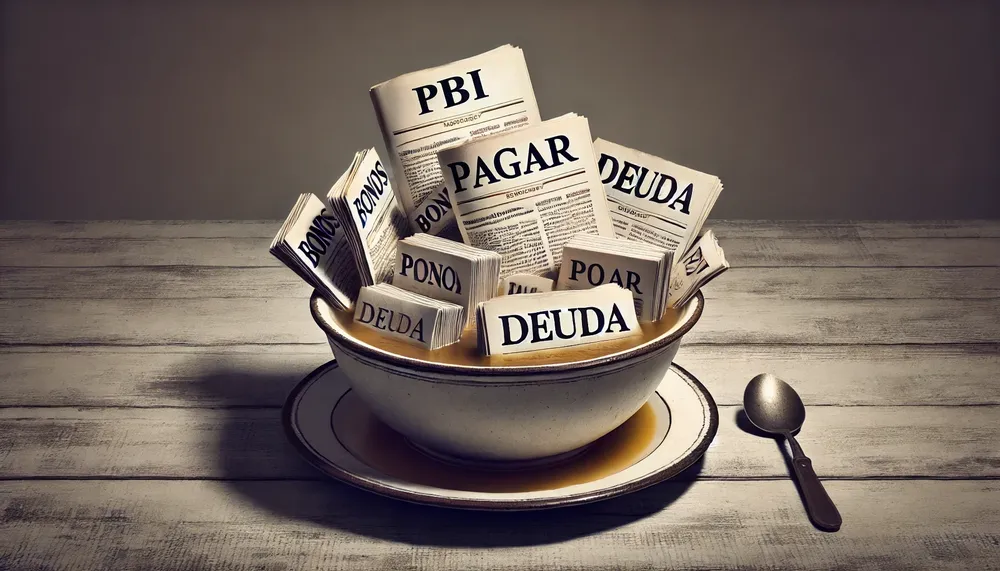 DALL·E 2024-10-15 20.03.21 - A metaphorical image representing Argentina's debt burden. The scene shows a simple, modest bowl of soup filled with documents resembling financial bo