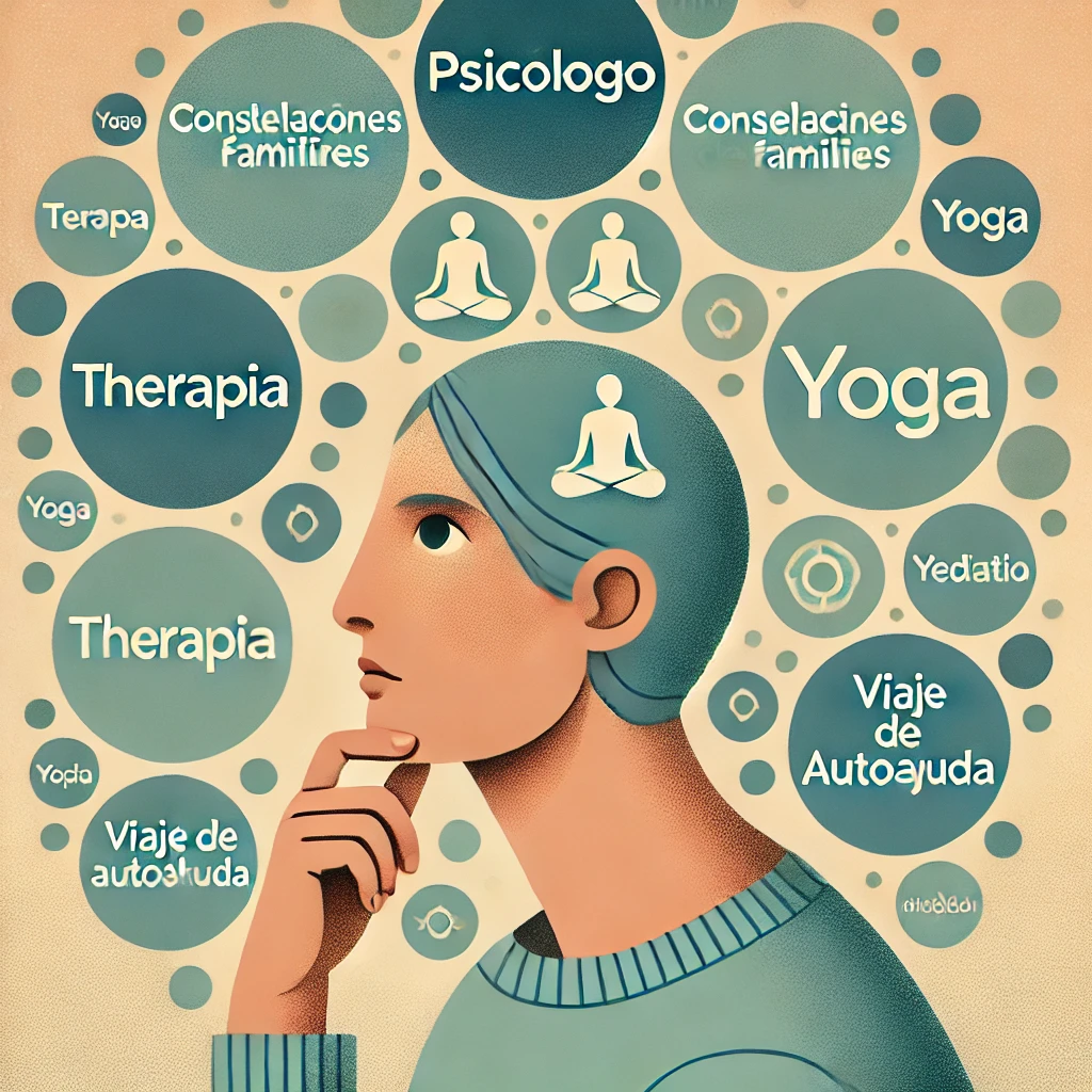 DALL·E 2024-09-08 19.31.28 - An image of a person looking thoughtfully, as if doubting or considering multiple options, with several circles around them containing words like 'psi