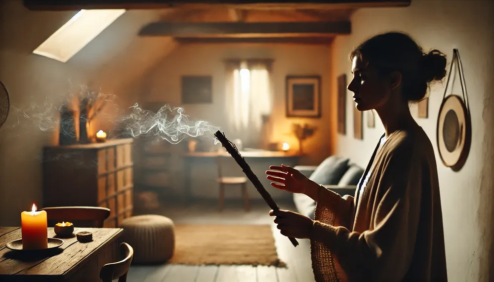 DALL·E 2024-11-21 08.06.03 - A professional photographic-quality image of a person cleansing their simple home using palo santo. The scene is intimate, captured in horizontal form