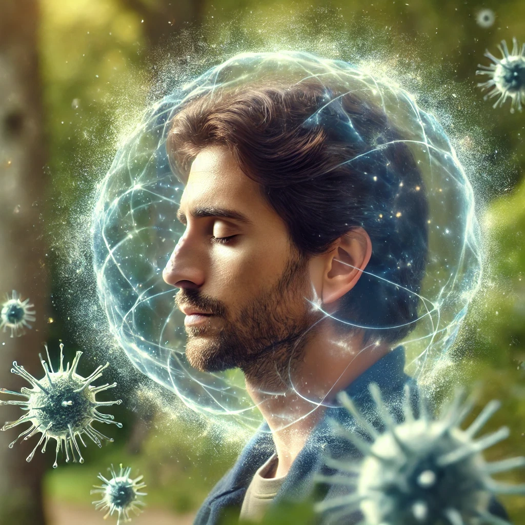 DALL·E 2024-10-20 22.28.17 - An ultra-realistic image of an Argentine man in his 30s, with medium-toned skin and dark hair, standing outdoors in a peaceful and harmonious state. H