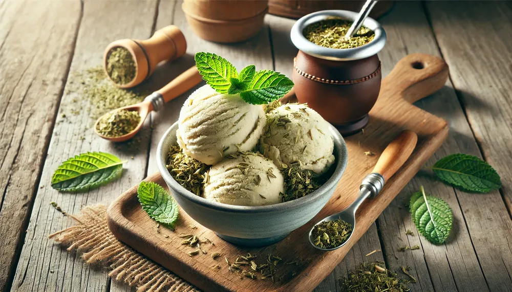 DALL·E 2024-11-24 13.19.48 - A horizontal photographic-style image of a yerba mate ice cream dessert. The ice cream has a creamy base infused with yerba mate, served in a bowl wit