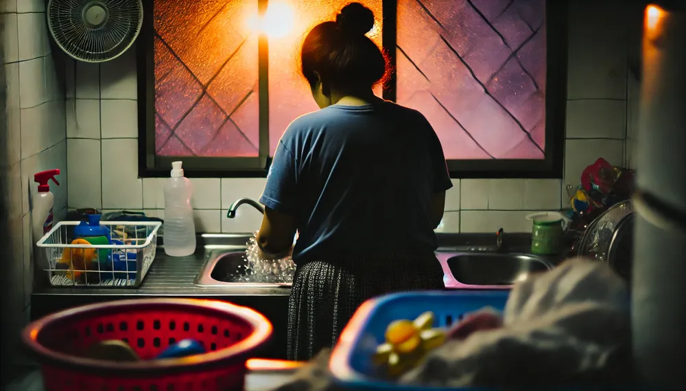 DALL·E 2024-11-14 11.19.19 - A horizontal photograph capturing an intimate and everyday scene_ a woman at home, seen from behind, with her hands immersed in water as she washes di