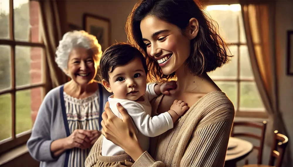 DALL·E 2024-10-02 18.02.03 - A warm, natural family scene featuring a young Argentine mother in her 30s with light skin, straight dark brown hair, holding her 6-month-old baby lov