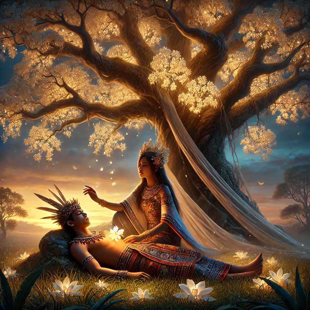 DALL·E 2024-11-21 09.05.16 - A mystical and romantic scene inspired by the Toba legend of Cosakait. Set during a serene sunset, a young indigenous man, Cosakait, lies gracefully o