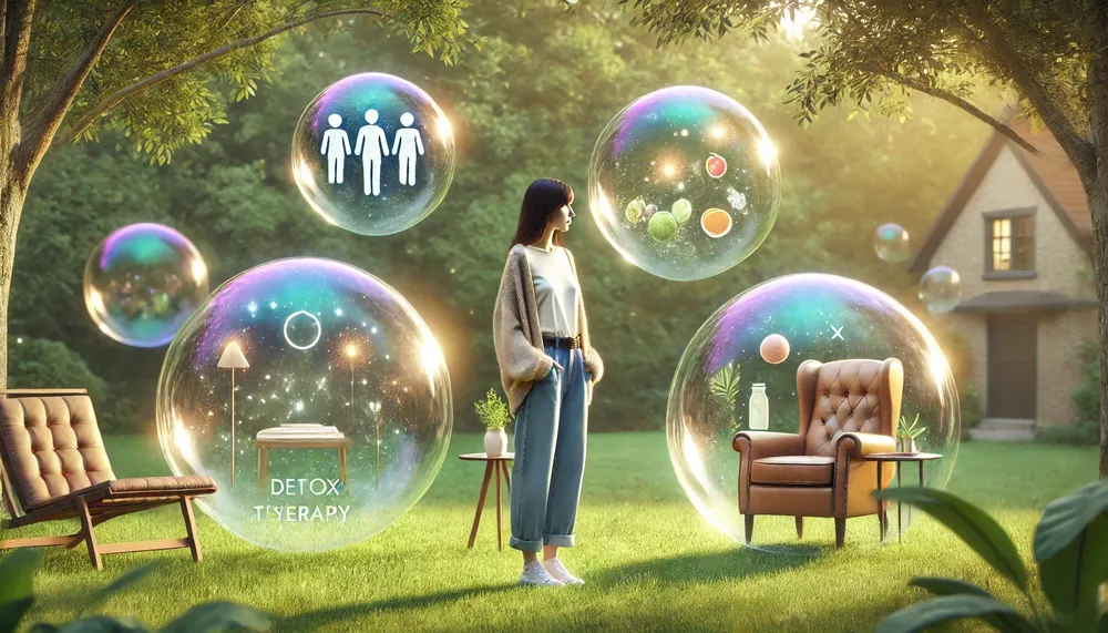 DALL·E 2024-10-08 16.10.27 - A peaceful scene in a green park where a woman in her 30s, dressed in casual modern clothing, stands contemplatively. She is surrounded by three float