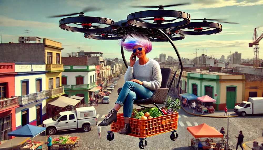 DALL·E 2024-10-29 20.14.45 - A highly realistic, ultra-detailed photograph of a large, advanced futuristic drone carrying a modern Argentine woman in her 60s or 70s. She has short