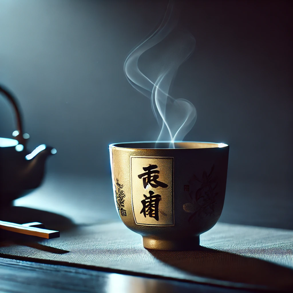 DALL·E 2024-11-11 14.26.11 - A Japanese tea cup with steam rising delicately, set in a tranquil, nighttime atmosphere. The cup features traditional Japanese calligraphy on its sur