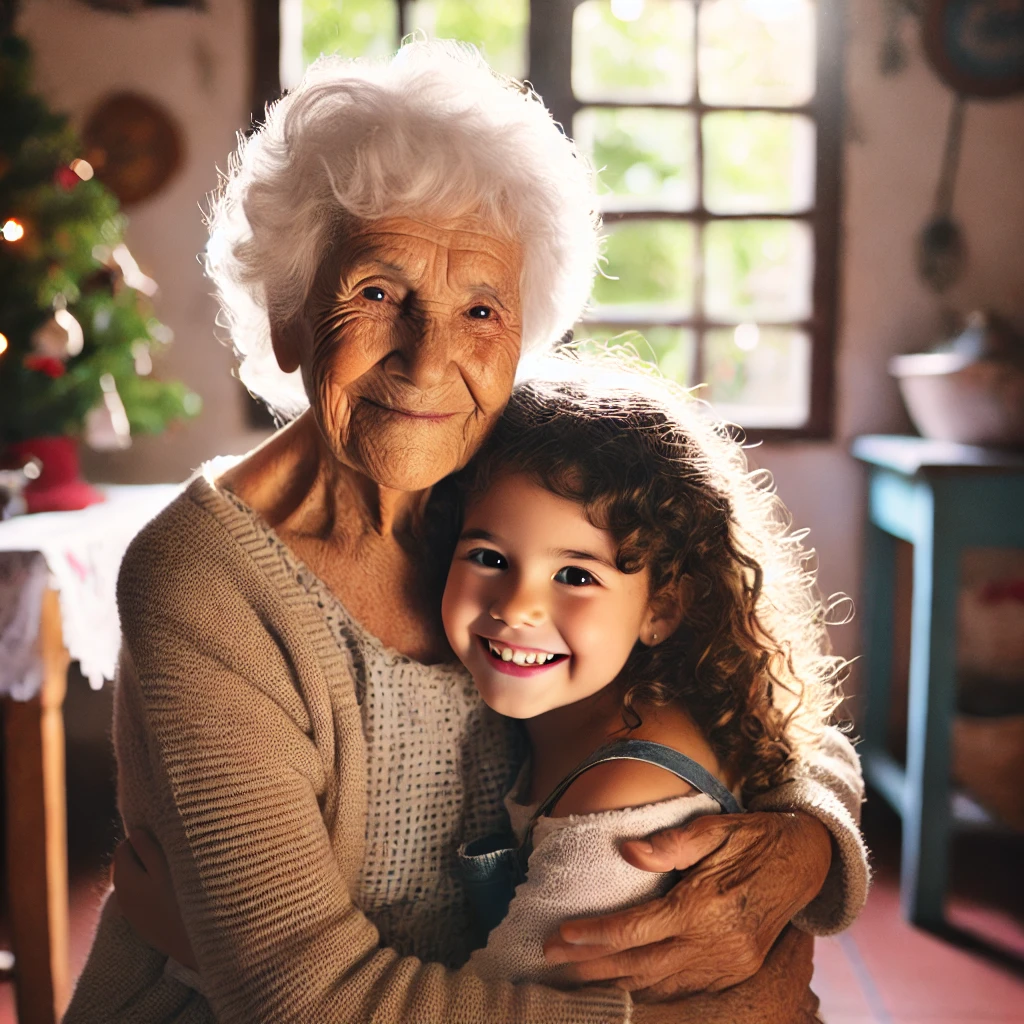 DALL·E 2024-11-05 11.56.41 - A warm and joyful Christmas scene in a simple, modest Argentine home. An 80-year-old grandmother with soft white hair sits smiling warmly, hugging her