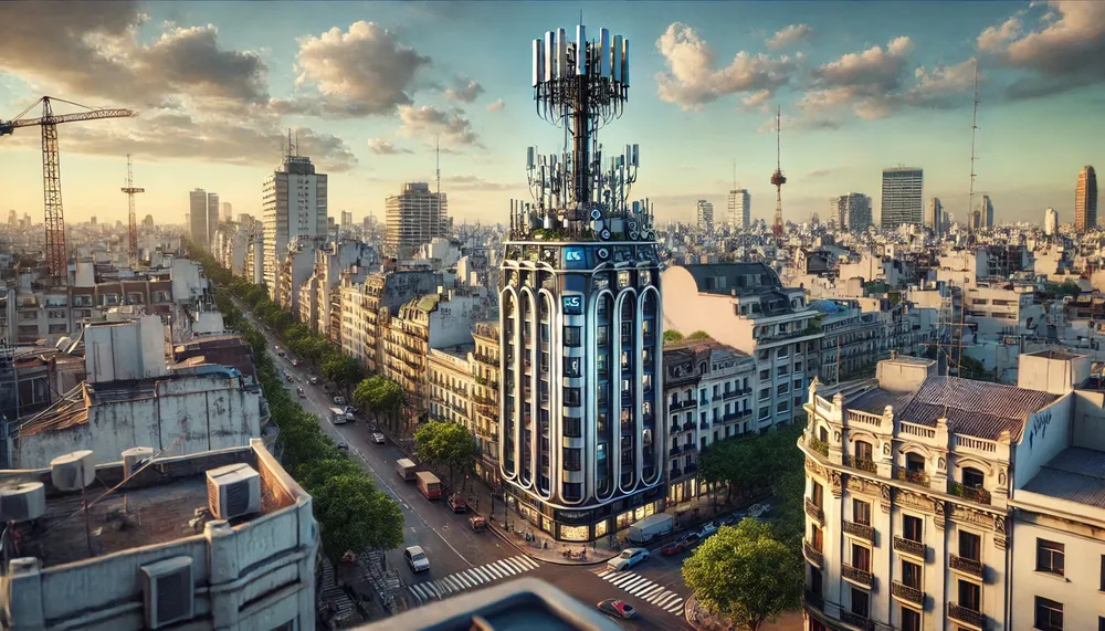 DALL·E 2024-10-22 18.15.18 - An ultra-realistic image of a 6G antenna installed on the rooftop of a building in Buenos Aires, Argentina, in present day. The antenna has a futurist