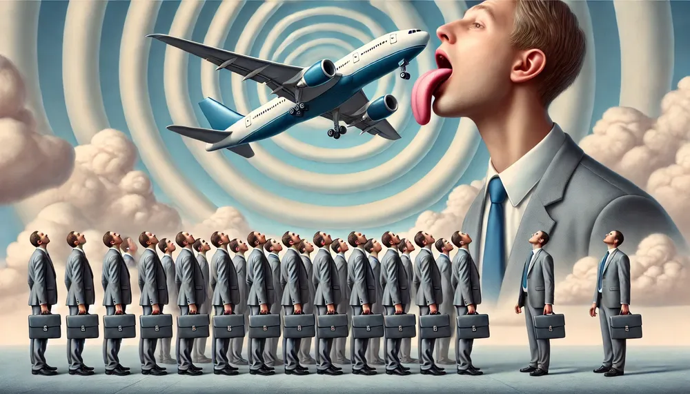 DALL·E 2024-09-27 15.45.53 - Surrealist scene featuring a group of businessmen in gray suits, holding briefcases, all looking up at a large airplane flying overhead. The airplane