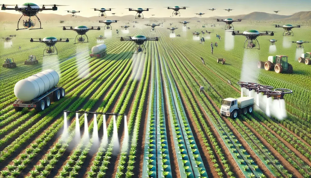 DALL·E 2024-10-29 20.27.09 - A highly realistic agricultural field at dawn, illuminated by soft morning light, with advanced drones performing various autonomous farming tasks. La