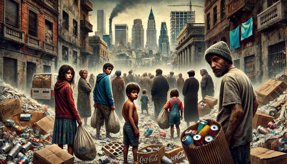 DALL·E 2024-09-27 08.05.17 - A scene depicting poverty in Argentina, showing over half of the population struggling, but without a specific woman present. People, including childr