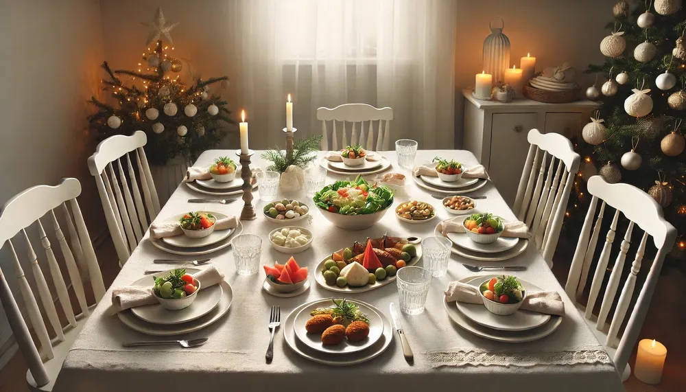 DALL·E 2024-11-05 11.54.34 - A simple and inviting Christmas dinner table with a white tablecloth, subtle Argentine-inspired details, and minimal holiday decor. A bottle of wine a