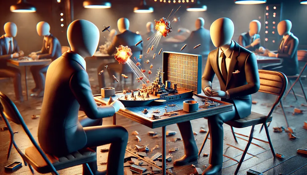DALL·E 2024-10-25 08.38.11 - A 3D scene of two faceless people in suits playing a Battleship-style board game on a small table, set in a lively 3D environment. The board game has