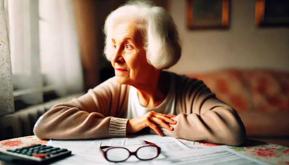 DALL·E 2024-11-14 11.38.17 - A horizontal photograph of an elderly woman, around 80 years old, sitting thoughtfully on a cozy armchair by the window. She gazes outside, lost in de