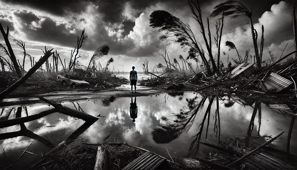 DALL·E 2024-10-31 16.30.01 - A high-quality black-and-white photograph capturing the impact of nature's force and the lessons it brings. The scene shows a landscape ravaged by a r