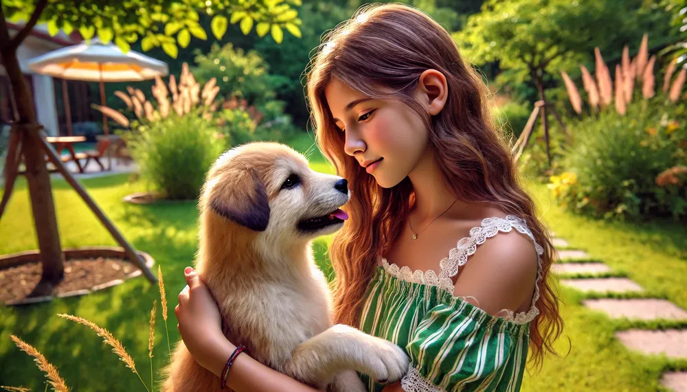 DALL·E 2024-10-17 18.44.59 - An ultra-realistic photograph of a natural Argentine girl in summer clothing, lovingly embracing an extremely realistic mixed-breed puppy outdoors. Th