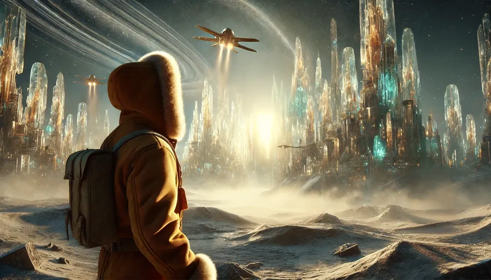 DALL·E 2024-10-27 19.43.05 - A futuristic scene in horizontal format with hyper-realistic details inspired by Captain Byrd's diary. Captain Byrd, in vintage 1947-style clothing wi