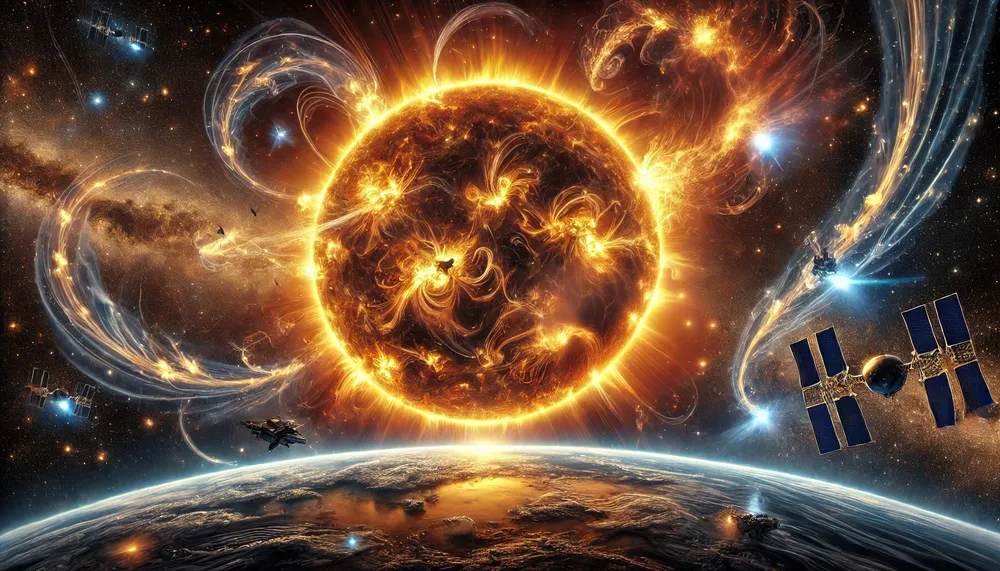 DALL·E 2024-11-21 13.43.56 - A stunning, photorealistic depiction of the Sun in space, showing the intricate interaction between solar flares, coronal mass ejections, and their po