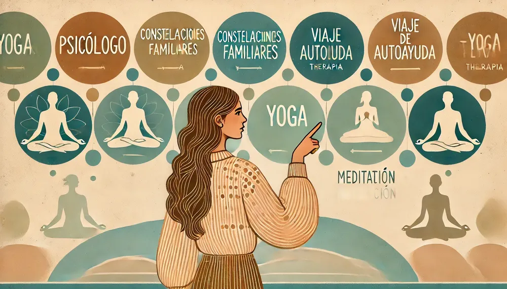 DALL·E 2024-09-08 19.34.17 - Create a horizontal version of the first image featuring a full-body woman pointing at multiple circles containing words like 'psicólogo,' 'constelaci