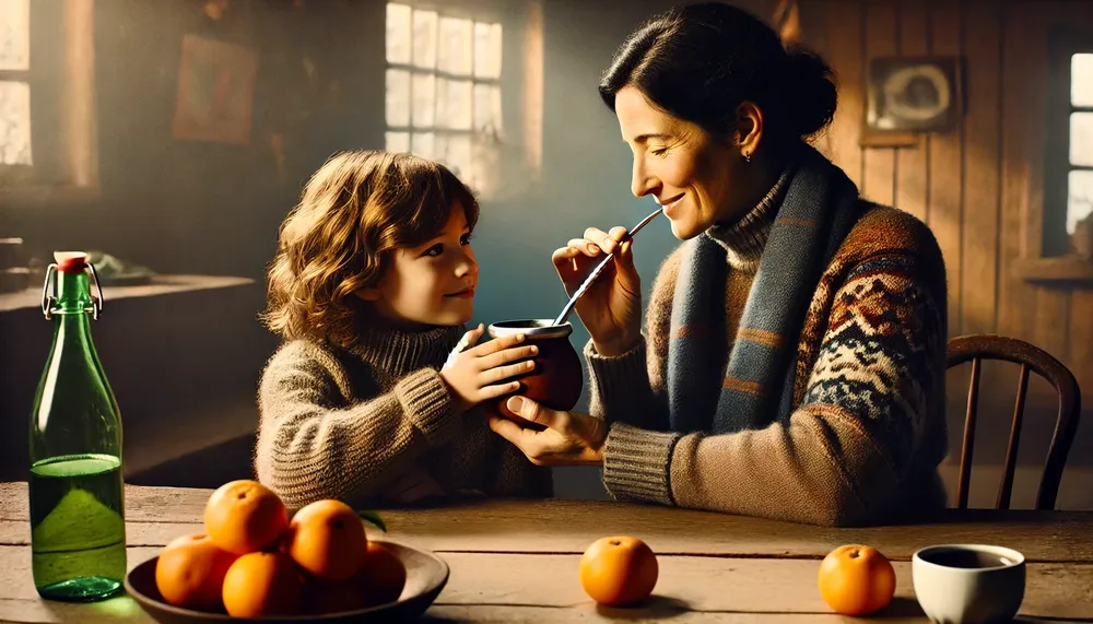 DALL·E 2024-11-08 13.05.00 - A warm, familial scene featuring a fuller-figured woman sharing a mate with her 17-year-old daughter. The mother, holding a traditional calabash mate