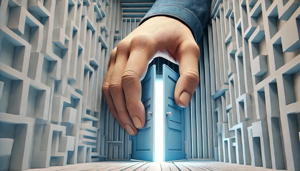 DALL·E 2024-09-25 14.30.29 - A hyper-realistic scene focusing on a giant hand, sharply detailed, as it pushes open a door to enter a large-scale abstract maze. The hand, wearing j