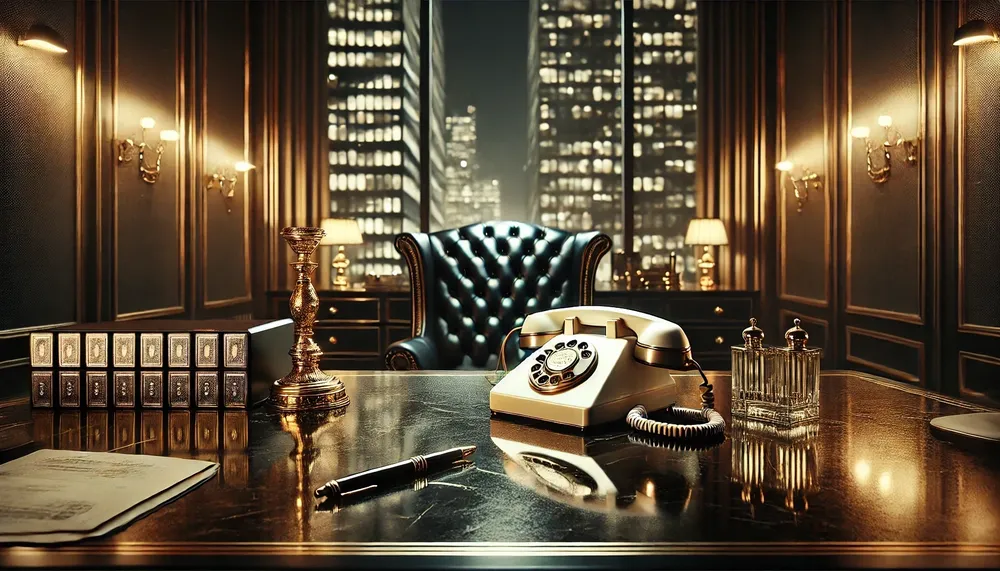 DALL·E 2024-11-04 13.15.23 - A dramatic, high-impact, ultra-realistic photograph of an executive office at night. The office features a luxurious, polished desk with a vintage, hi