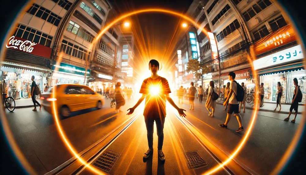 DALL·E 2024-11-18 15.02.21 - An Argentine young man standing in the middle of a brightly lit avenue at night, with his arms outstretched as his heart radiates a warm, glowing ligh